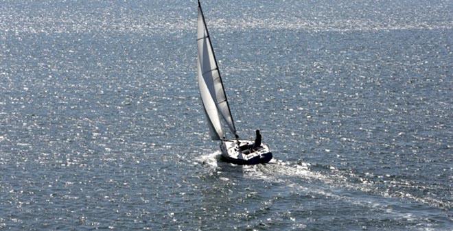 Farewell:  Webb Chiles aboard his Moore 24, Gannet in which he will circumnavigate the globe. Photo by Steve Earley steve.earley@verizon.net <br />
 ©  SW